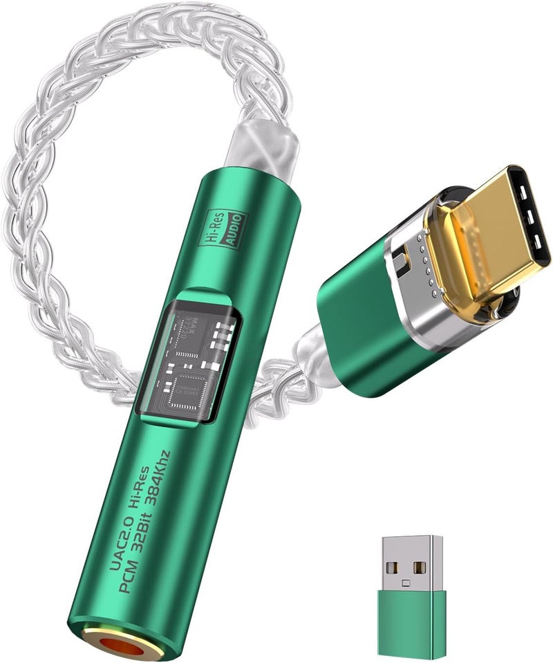BZINK محول صوت USB Type-C إلى 3.5mm لسماعات الرأس، محول DAC عالي الدقة مع كابل نحاسي فضي مطلي ب 8 خيوط 4N، USB C إلى aux لأجهزة Android و iPhone و PC و Mac (أخضر) - Image 1